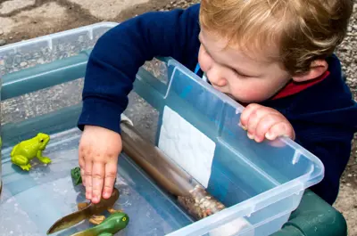 Young boy touching a toy tadpole